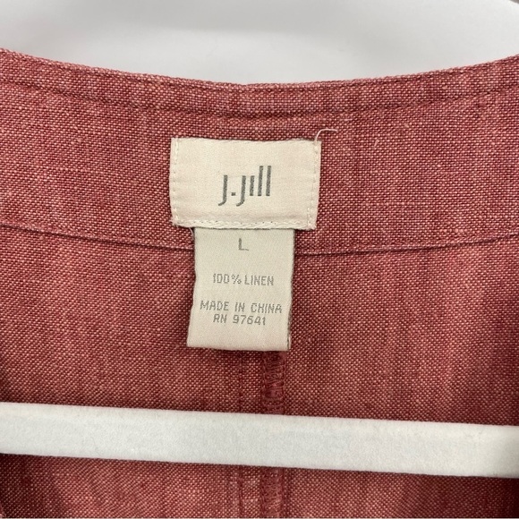 J Jill 100% Linen Red Top Pockets Button Down V Neck Sz L - Picture 2 of 6